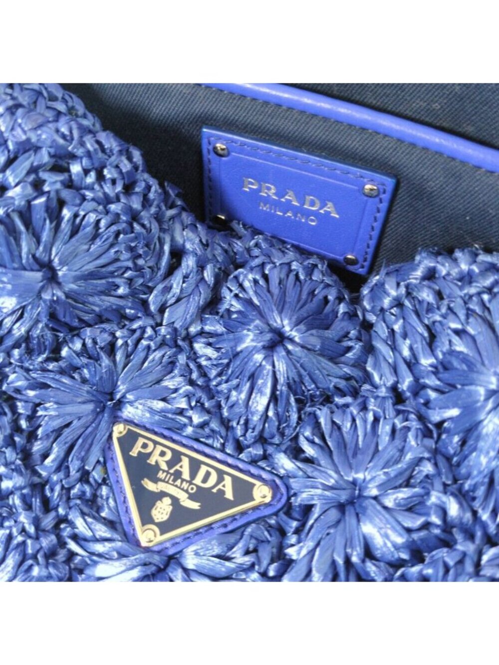 Prada Raffia Crochet Canapa Tote Handbag Triangle Logo Basket Blue Shoulder - Picture 6 of 10